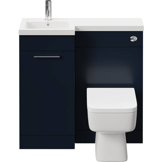 Napoli Combination Vanity Unit Toilet Suite with Left Hand L Shaped 1 Tap Hole Basin and Single Door with Polished Chrome Handle | Deep Blue | Plastic | 900mm