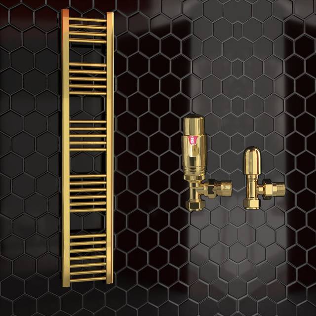 (400 x 1600 mm (h), With TRV Angled Valves) 400mm Wide Gold Heated Bathroom Towel Rail Radiator With Valves For Central Heating UK