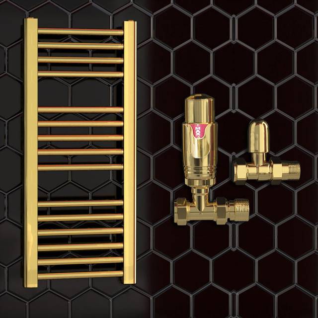 (500 x 800 mm (h), With TRV Straight Valves) 500mm Wide Gold Heated Bathroom Towel Rail Radiator With Valves For Central Heating UK