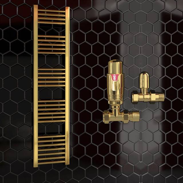 (550 x 1600 mm (h), With TRV Straight Valves) 550mm Wide Gold Heated Bathroom Towel Rail Radiator With Valves For Central Heating UK
