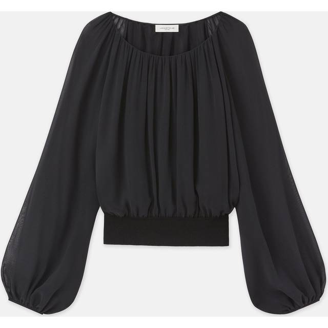 Ruched Balloon-Sleeve Silk Georgette Blouse - BLACK - Small
