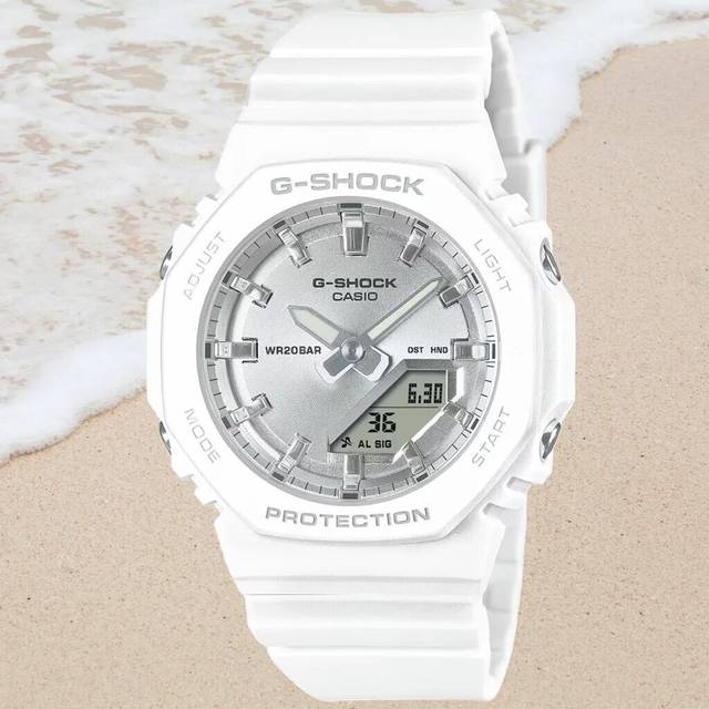 Casio G-Shock Analog Digital White Resin Bio Based Strap Silver Dial Quartz GMA-P2100VA-7A 200M Women&#39;s Watch