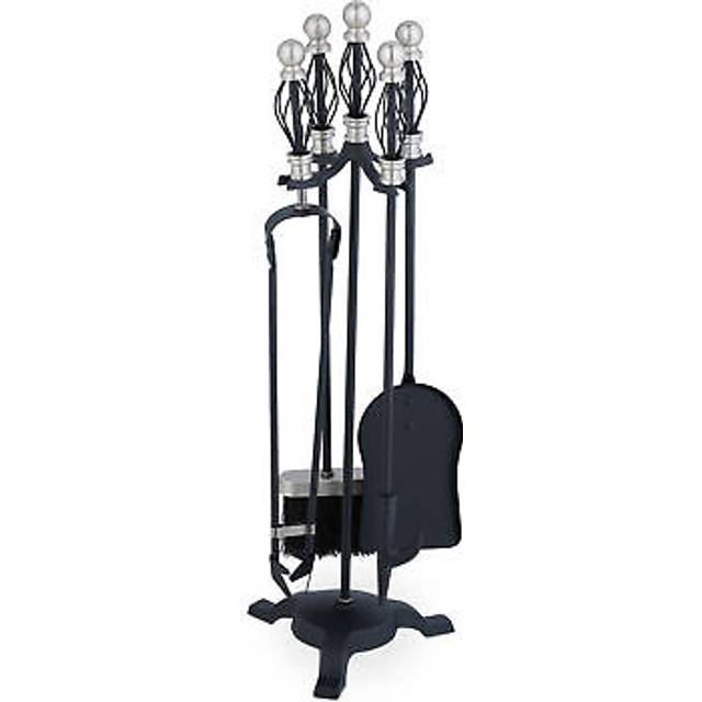 Relaxdays - Fireplace Tool Set, 5-pieces, Poker, Ash Shovel, Broom, Stand, Tongs, Iron, Sturdy Base, Baroque, Black/Silver