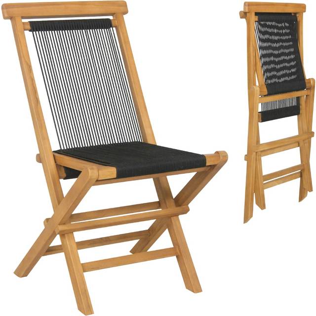 Costway Set of 2 Woven Teak Wood Foldable Garden Dining Chairs - Cream - 115 x 52 x 22cm
