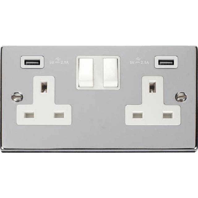 Click Deco 13A 2G Switched Socket with Twin 2.1A USB Outlets Polished Chrome Insert White