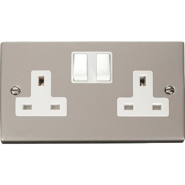 Click Deco 2 Gang 13A DP Switched Socket Outlet (Twin Earth) Pearl Nickel Insert White