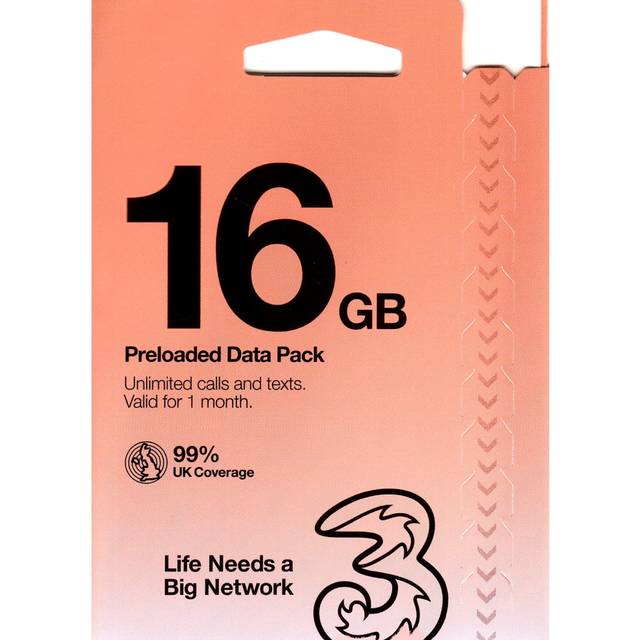 (16Gb) Three Preloaded PAYG Voice SIM Pack
