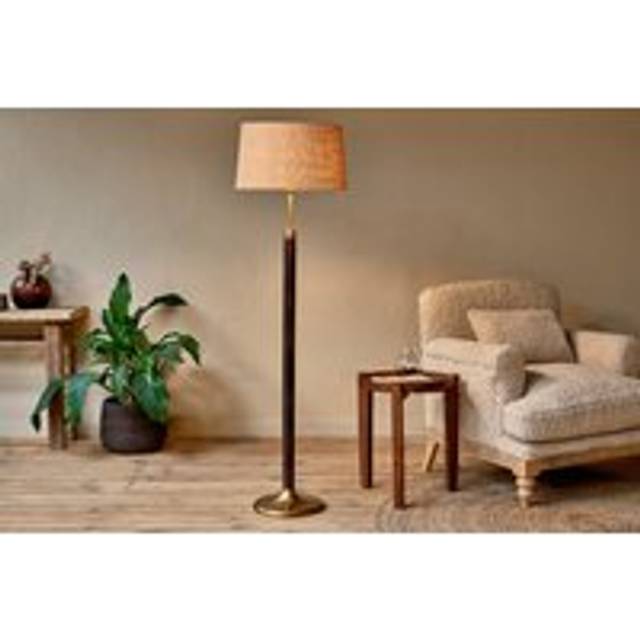 Nkuku Digha Mango Wood Floor Lamp In Dark Stain & Antique Brass Fi