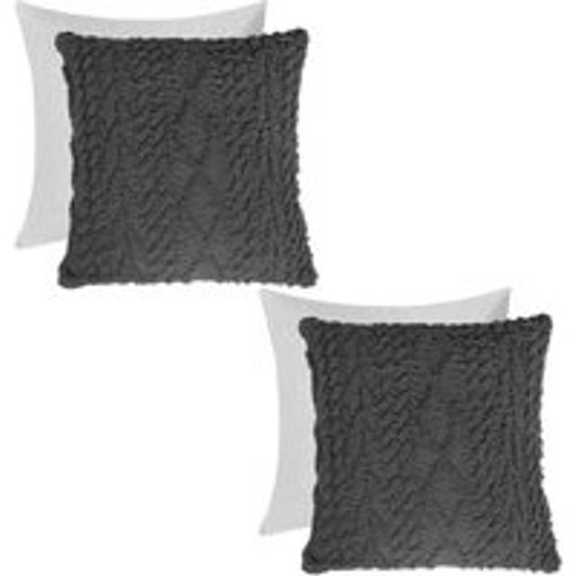 OHS 2 x Cable Knit Cushion Covers Soft Sherpa Filled Cases 18" x 18" in Charcoal | Size: 45cm x 45cm