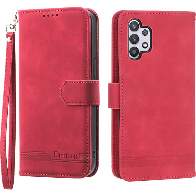 (Red, Samsung A32 5G /M32 5G) For Samsung Galaxy Case, Leather Wallet Flip Case With Strap