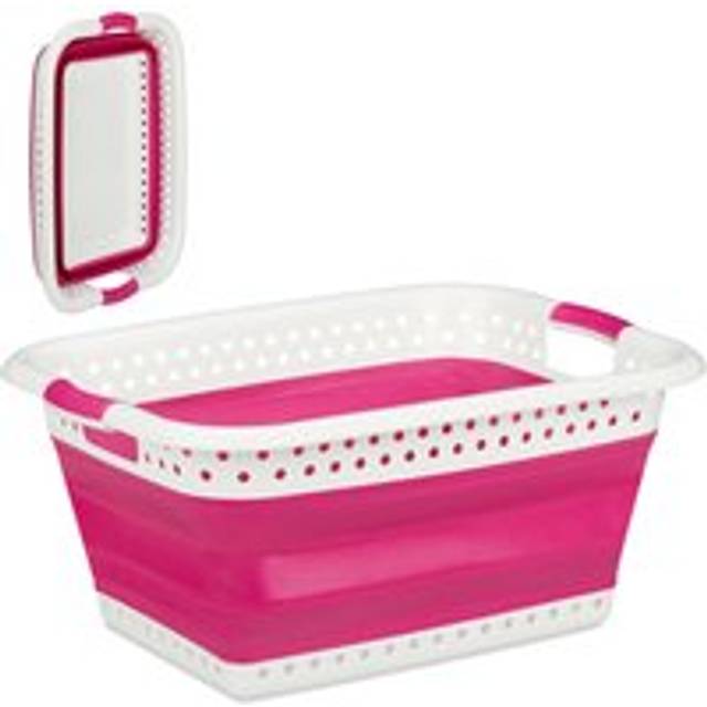 Folding Laundry Hamper with Handles, Plastic & Silicone, Compact Storage Basket, hwd 27x61x45.5 cm, Pink - Relaxdays