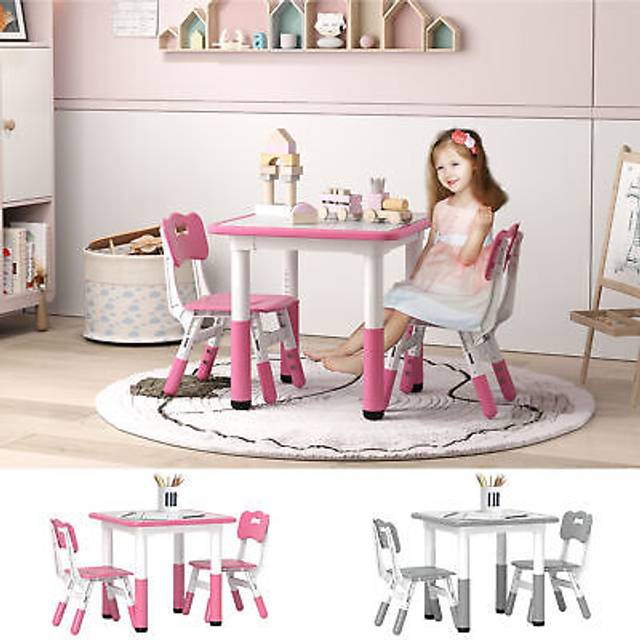 Aiyaplay Height Adjustable Toddler Table And Chair Set, 3 Pcs Children Activity Table W/ 2 Chairs, For Playroom, Bedroom - Pink