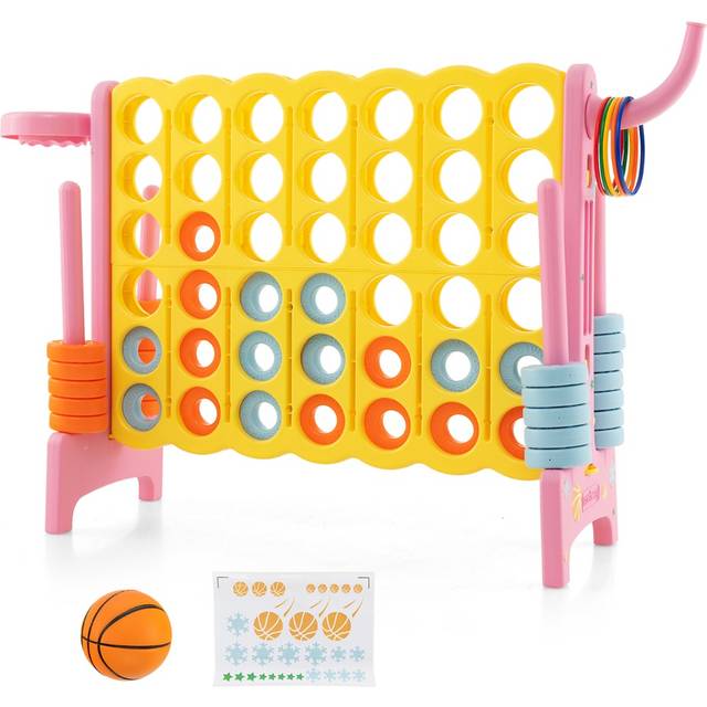 Costway Pink Giant 4 In A Row Connect Game Set with Basketball Hoop and Toss Ring - 86 x 38 x 23cm