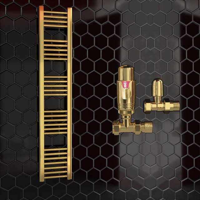 (300 x 1600 mm (h), With TRV Straight Valves) 300mm Wide Gold Heated Bathroom Towel Rail Radiator With Valves For Central Heating UK