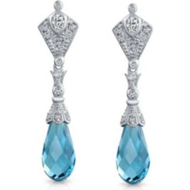 Vintage Deco Style Aqua Blue Briolette Faceted Teardrop Cubic Zirconia CZ Chandelier Earrings for Women Sterling Silver blue