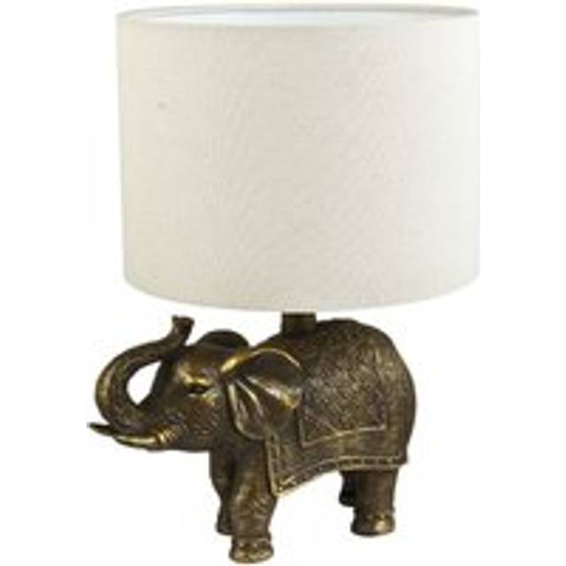 Antique Gold Vintage Elephant Resin Lamp with Off-White Oatmeal Linen Shade - One Size