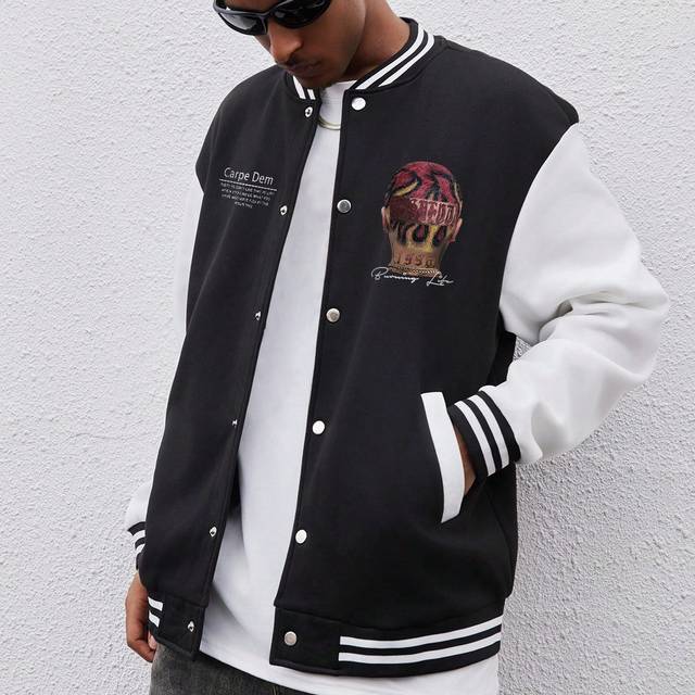 Manfinity Men&#39;s Street Hip-Hop Baseball Jacket ,Men&#39;s Young Street Style Unique Red-Haired Hip-Hop Character &#34;Respect&#34; Slogan With Oversized Back Print Baseball