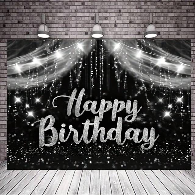 SHEIN 1pc, Black And Silvery Birthday Backdrop Happy Birthday Photography Background Silver Glitter Birthday Prom Party Decorations Banner Photo Studio Prop