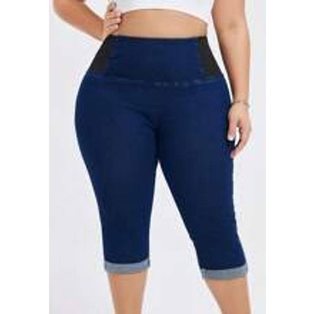 Plussize hög midja, elastisk och åtsittande magkontroll Skinny Stretchy Knit Denim Capris mellanlånga jeans - Mediumtvätt (0XL,1XL,2XL,3XL,4XL,5XL)