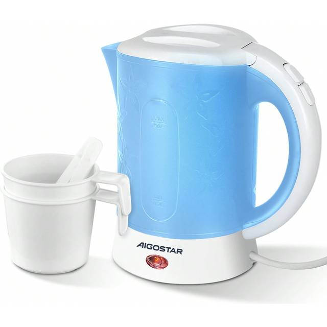 Aigostar Aigostar Small Kettle Electric, 650W 0.6 Litre Lightweight Travel Kettle, Low Wattage Mini Portable Kettle With 2 Cups And 2 Spoons, Blue