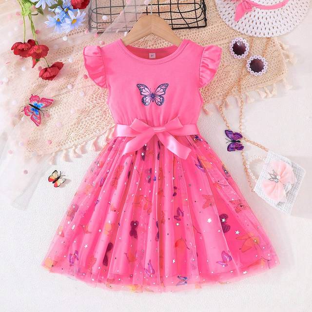 SHEIN Baby Girl Ruffle Trim Decoration & Butterfly Pattern Spliced Mesh Dress Hem Lovely Dress, Summer, 4-7 Years Old