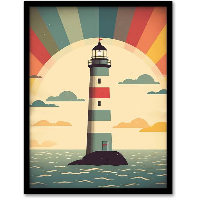 Meran Retro Lighthouse Bathroom - Single Picture Frame Art Prints - Blue;Black;Yellow (43.3cm H X 33.3cm W)