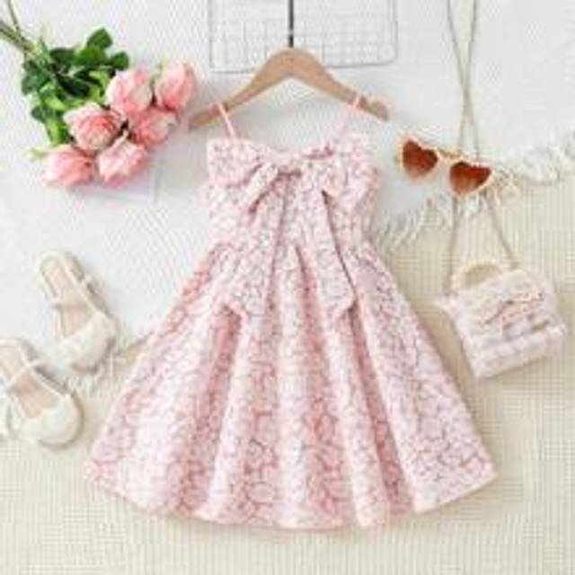 Ung flickas texturerade blommiga Jacquard-dekor Bowknot Strap-klänning - Rosa (6Y,7Y,4Y,5Y)