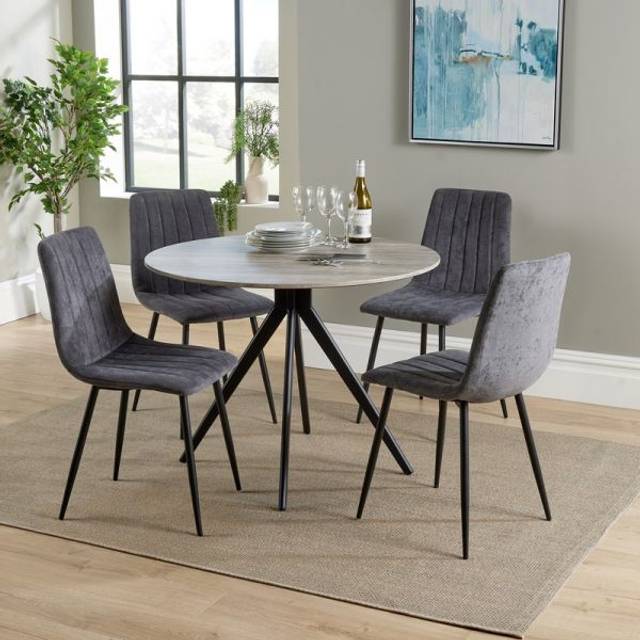 Core Products Aspen Grey Oak Round Table & 4 Blue Fabric Chair Dining Set, Grey
