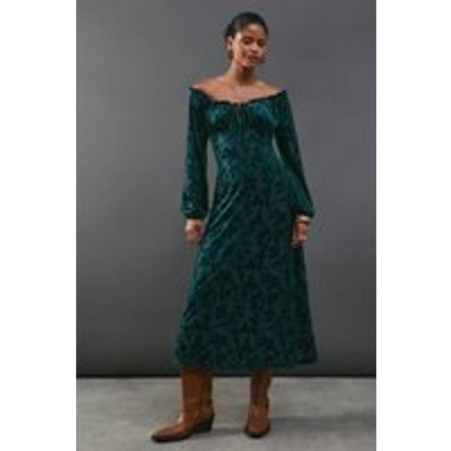 Womens Velvet Bardot Tie Front Midi Dress - Green - 10