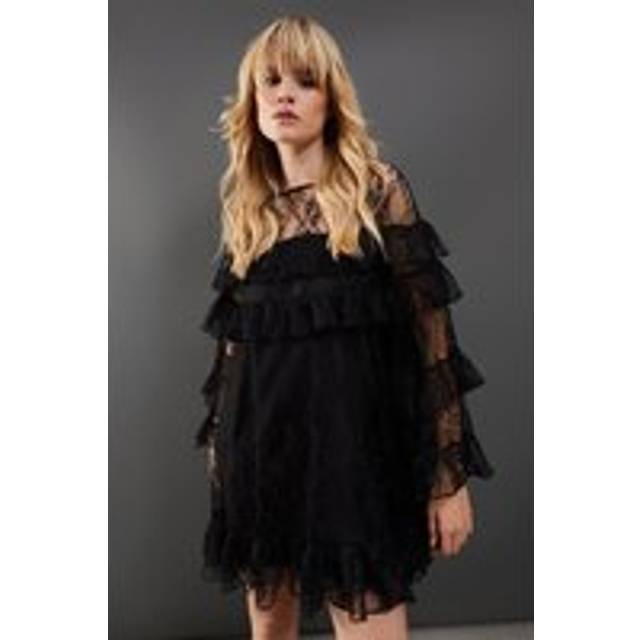 Warehouse Womens Chantilly Lace Tier Mini Smock Dress - Black - Size 8 UK