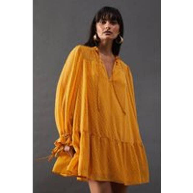 Warehouse Womens Dobby Chiffon Tie Neck Drop Hem Mini Smock Dress - Yellow - Size 8 UK