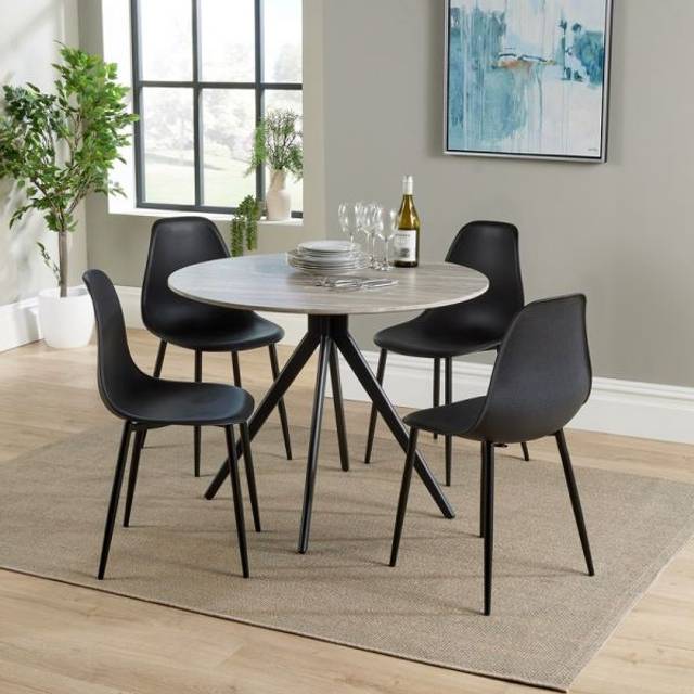 Core Products Aspen Grey Oak Round Table & 4 Black Curve Chair Dining Set, Grey