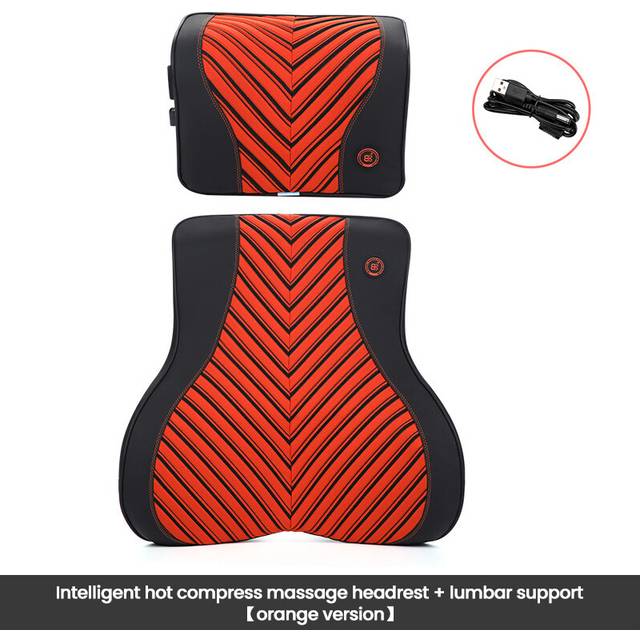 (Massage-Orange-Set) Car Neck Massage Pillow Lumbar Support Cushion Auto Seat  Relax Head Waist