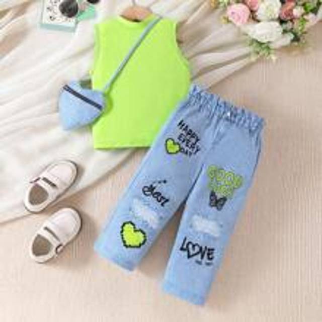 Flickbebisar 3 st/set Sommarmode denimeffekt Grön outfit med hjärtformad väska, coola och söta vardagskläder - Multifärgad (6-9M,9-12M,12-18M,18-24M,2-3Y,3-6M)