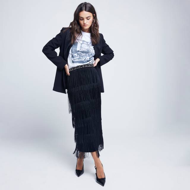 River Island Womens Black Tassel Fringe Midi Skirt - 16