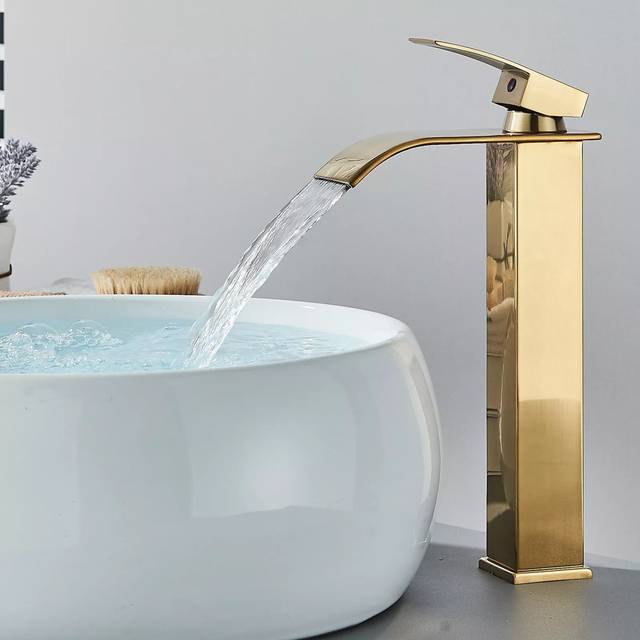 Clynt Modern Bathroom Sink Faucet Waterfall Tall Single Lever Handle Single Hole Mono Basin Mixer - Brushed Gold (120cm)