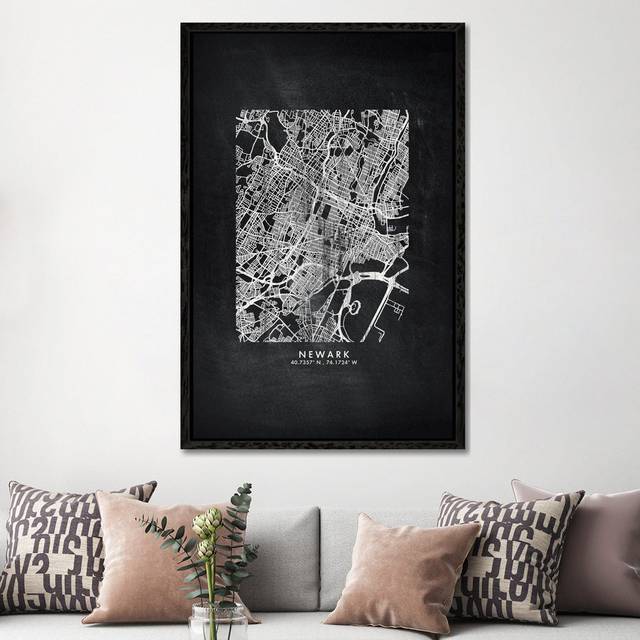 Newark City Map Chalkboard Style by WallDecorAddict - Gallery-Wrapped Canvas Giclée - Black Floater Framed (152.4cm H x 101.6cm W)