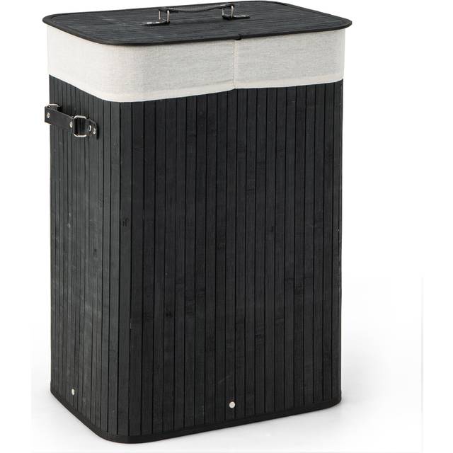 72L Bamboo Laundry Basket with Lid and Washable Liner Bag-Black