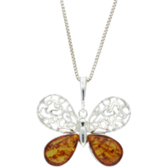 Sterling Silver Amber Filigree Butterfly Necklace - Option1 Value Silver