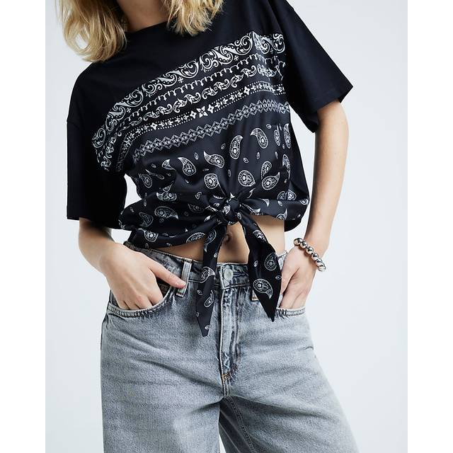 River Island Womens Black Paisley Tie Front T-Shirt - 8