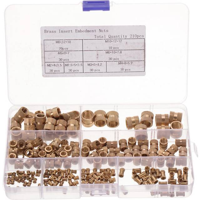 210pcs M2~M10 Metric Threaded Brass Knurl Nuts Round Insert Embedment Nut Assortment Set