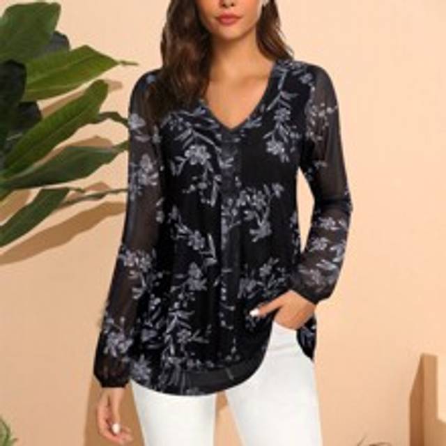 Kvinnors Lång Ärm Tunika Casual Lös Fit Blommigt Blusar Nät Veckade I lager Skjorta - Svart (L,M,S,XL,XXL)
