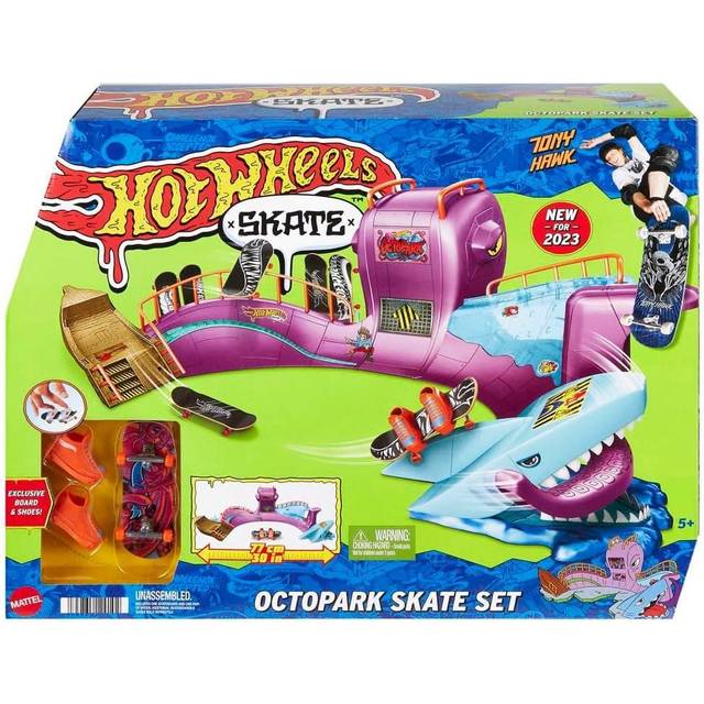 Hot Wheels Skate Octopus Skatepark Playset with Tony Hawk Fingerboard & Pair of Removable Skate Shoes, Includes Storage