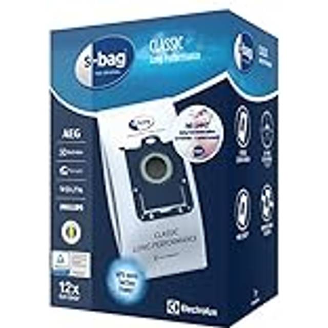 Electrolux S-bag Classic Long Performance Dammsugarpåsar E201SM, Hållbart material, Hög filtreringskapacitet, Lätt att sätta in i dammsugaren, Mega pack, 12st
