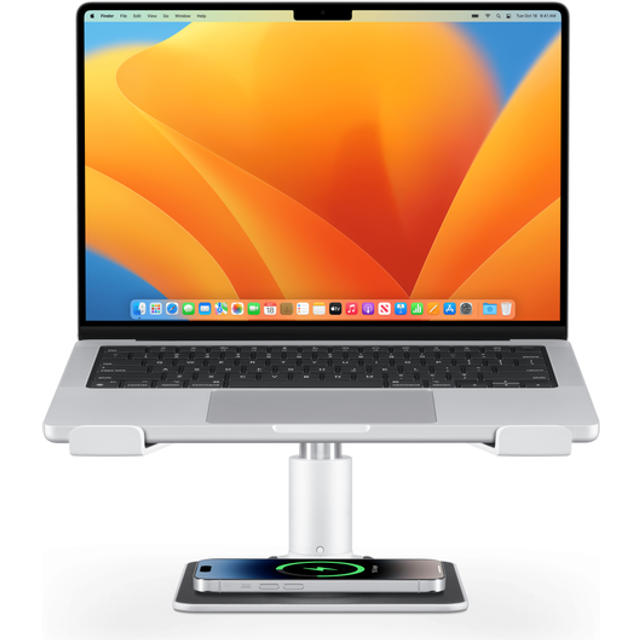 Tolv South TS-2211 HiRise Pro för bärbara datorer och MacBooks | Ergonomiskt, höjdjusterbart stativ med MagSafe/trådlös laddningsbas (silver)