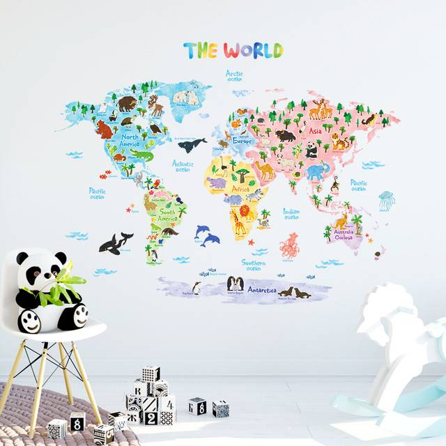 Decowall dl3-1615 animal world map nursery kids removable wall stickers(x-large)