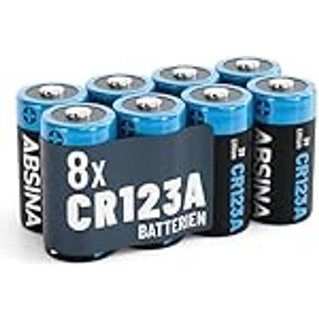 ABSINA 8X CR123A 3V litiumbatteri för kameror och mycket mer - CR123A läckagesäkert och långvarigt batteri - CR123A-batterier med 1 300 mAh - CR123-batterier, CR123A 3V, 123-batterier