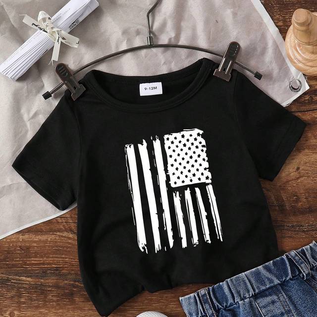 SHEIN Baby Boy Funny Flag Print Short Sleeve T-Shirt, Summer