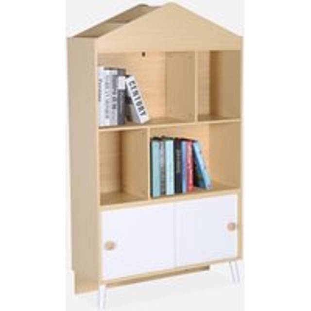 Sweeek - 2-door children's bookcase, shelves, Edgar, White and Natural, 80x30x140 cm