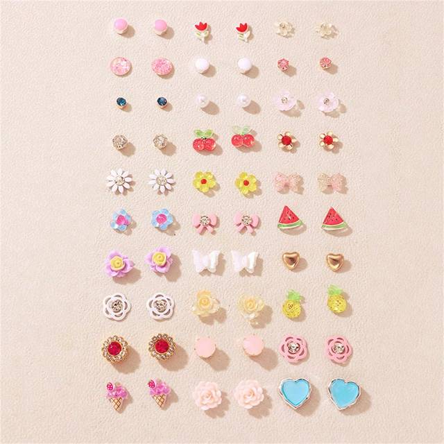 SHEIN 30pairs Assorted Colorful Fruit, Flower, Bow Stud Earrings, Cute Kids Fashion Accessories
